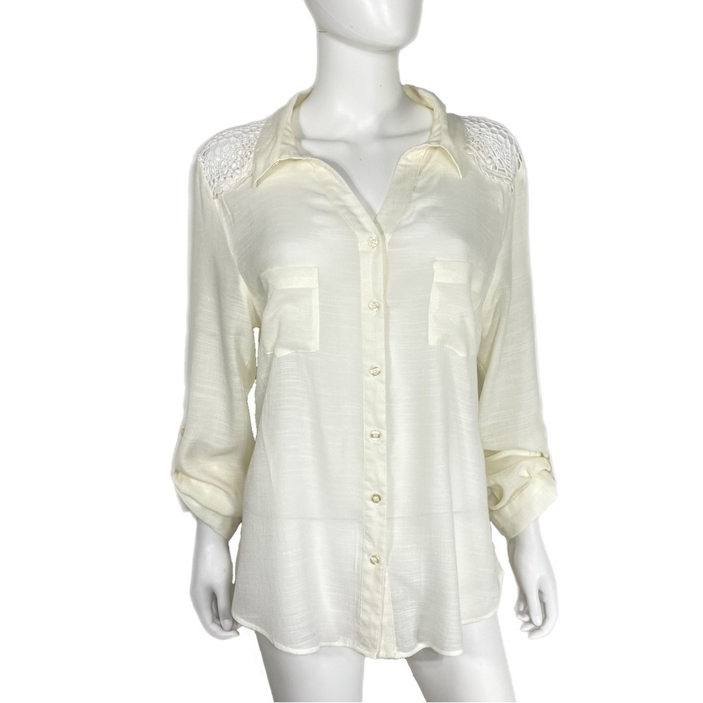 Wishful Park Crochet Lace Sheer Ivory Long Sleeve Blouse